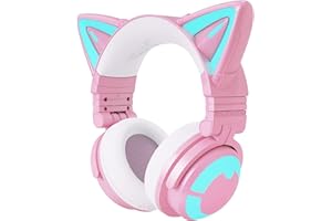 YOWU RGB Cat Ear Headphone Wireless 5.2 Foldable Gaming Headset with SoundMage Acoustic System, Built-in Mic & Customizable Lighting and Effect via APP, Designed for Gamer Girls (3G, Pink)