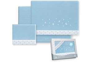 Interbaby - Juego Sabanas Carrito Bebe 40x80 Poliester 100% | Sabana Cuna Coralina, Cálida | Incluye Sabana Bajera, Encimera y Funda de Almohada | Ideal para Invierno | Estrellas Luna Azul