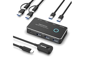 RSHTECH Switch USB 3.0/USB-C para 2 Computadoras que Comparten 4 Puertos de Datos USB 3.0 (1C+3A), Selector Conmutador USB con 2 Cables y Control Remoto para PC, Portátil, Teclado, Ratón e Impresora