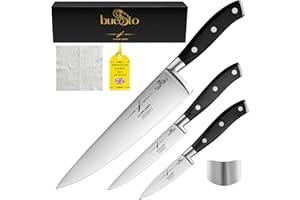 BUESTO 3 Piece Japanese Knife Set – Ultra Sharp High Carbon 7Cr18MoV Chef Knife, Utility & Paring Knives – Long Lasting & Full-Tang Kitchen Knives with Ergonomic Handle, Finger Guard & Gift Box