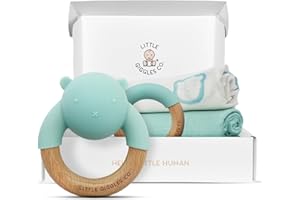 Little Giggles Co.® Baby Gift - Unisex Teething Toys & Large Muslin Cloths Set. Sensory Play Rattle, Soothing Teether Ring, Soft Cotton Muslins. Essentials for Newborn & Baby Shower Gifts