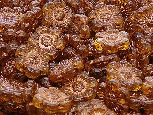 4 Pieces Flower Beads 14mm, Czech Carved Glass, Topaz with Bronze Fired Color