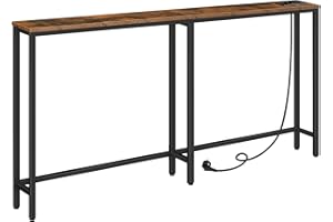 HOOBRO Schmaler Konsolentisch mit Steckdosenleiste, Konsolentisch mit Ladestation, schmaler Sofatisch, Konsole hinter dem Sofa, für Eingangsbereich, Flur, rustikales Braun und Schwarz EBF165CXG01