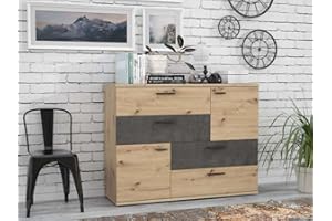 ‎FORTE Forte Skive Raffinierte Kommode mit 2-Farbiger Front, 2 Türen und 4 Schubladen, Holzwerkstoff, Artisan Eiche Dekor mit Betonoptik Dunkelgrau, 124.9 x 41.3 x 95.9 cm
