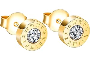 INFINIONLY Men's and Women's Stainless Steel Earring Studs - Roman Numerals Stones Design, 8mm Diameter - Creative Novelty Jewelry