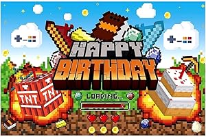 DKLQXCE 150x100cm Game Theme Backdrop, Mineecraft Pixel Backdrop for Birthday Party Cartoon Family Party Photography Background Birthday Poster Decoration Supplies for Kids Battle Gamer Birthday Party