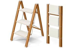 ATTESTIERER Step Ladder, 3 Steps, Foldable, 150 kg Capacity with Non-Slip Pedal, Portable Aluminium Step Stool, Easy to Store, Indoor and Outdoor Use, Aesthetic Look, White Wood Look