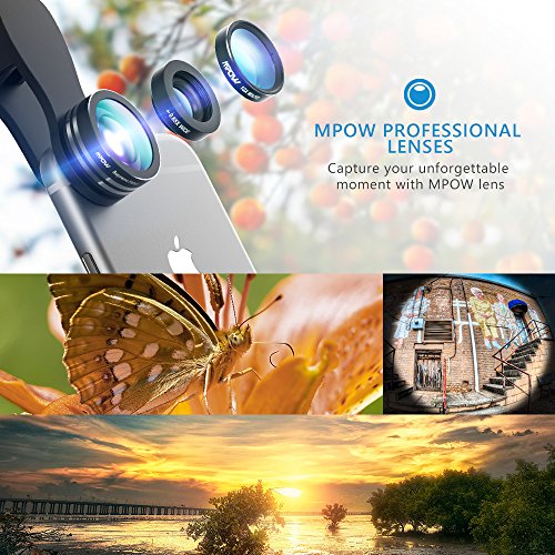 Lenti Smartphone Mpow 3 in 1 Lenti Kit Clip-On Lente Fisheye Suprema 180 Gradi + Lente Grandangolo 0.65X + Lente Macro 10X, Obiettivi Cellulari per iPhone 6s / 6s Plus, iPhone 6 / 6 Plus, Samsung Galaxy S6 Edge+ / S6 Edge / S6 / S5 / S4 / S3 HTC, Sony Xperia, Huawei ed altri Smartphone