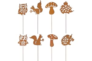 Nilioyul Lot de 8 piquets de jardin rouillés pour décoration d'automne en extérieur - Oiseau rouille - Décoration de jardin avec écureuil, hérisson, chouette, champignons, des deux côtés - En métal