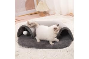 PAMATIO Katzentunnel Katzen Bett Grau Plüsch Katzen Spieltunnel, 2 in 1 Katzen Bett Cat Tunnel mit mit Weißem Plüschball, Spielteppich Geschenk für Katzen Hasen (66 * 45 * 17cm)