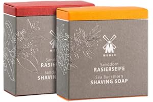 MÜHLE Lot de 2 savons à raser pour tous les types de peau - Doux, fruité, végétalien - 2 x 65 g - Argousier et bois de santal