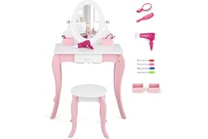 LIFEZEAL Juego de tocador Infantil, tocador 2 en 1 con Espejo Desmontable y Giratorio, Mesa de Maquillaje con Taburete y cajón para Dormitorio, Adecuado para niños 3+