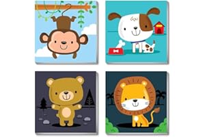 askkqtx Painting by Numbers 4 Pieces, Cartoon Animals Paint by Number Framed from 5 6 7 8 9 10 Years, Dog Lion Bear Monkey Oil Painting with Frame Brushes Sets Acrylic Paints 20 x 20 cm