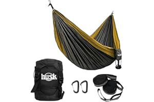 HUSK HAMMOCKS Double Pack Ultralight Outdoor Travel Hammock for Hiking Backpacking Camping Attached Compression Bag Attached Compression Bag Tree Saver Straps (Ground)