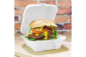 HOT BARGAINS 50 X Bagasse 6" Burger Box Clamshell Takeaway Box Clean white Size (152x152x78mm/6) For Takeaway Burgers And More Hot Or Cold - Manufacturer Sealed Packaging (Hygiene Proof)