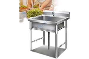 Dsfhkuyb Catering Sink Commercial 304 Stainless Steel Sink 1 Compartment Free Standing Utility Sink for Garage, Restaurant, Kitchen, Laundry Room, Outdoor, Silver
