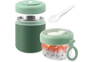 Acasimo Tazza per cereali in acciaio inox, 2 in 1, con cucchiaio, 530 ml + 330 ml, portatile, a prova di perdite, adatto per congelatore, lavastoviglie, adulti (verde)