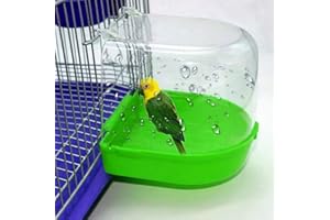 HshDUti Bird Bath Tub, Hanging Bathtub Bird Cage Supplies with Hooks, Water Shower Transparent Box Food Feeder Holder Tray for Small Birds, Canary, Budgies,Parrot 13X14X13cm Green