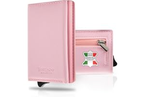 1ONESPO MAGNETIC Porta Carte di Credito Donna VERA PELLE - Portafoglio donna piccolo con Portamonete e Contanti -Porta tessere e documenti - Portacarte protezione RFID, SAFFIANO Rosa
