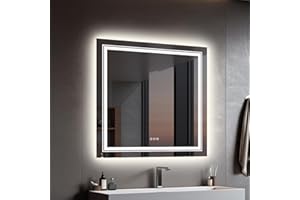 LUVODI Specchio da Bagno con LED: Retroilluminato + Frontale Luce 80cm Specchio Quadrato Bagno Parete 3 Pulsante Touch Dimmerabile, Antiappanamento, Funzione Memoria IP56, Orizzontale Verticale