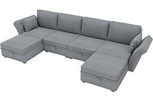 SUPPNEED Sofá seccional suave en forma de U con almacenamiento, empalme casual puede usar sofá doble, reposabrazos plegable de tela de lino, sofá reclinable extra ancho para sala de estar (gris)