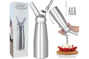 upstartech Siphon Chantilly Professionnel 500ml, Siphon à Crème Siphons de Cuisine avec 3 Douilles en Acier Inoxydable et 1Brosse de Nettoyage, pour Mousses et Crèmes
