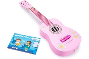 EITECH New Classic Toys 10348 Wooden Guitar Toy for Toddlers 3 Boys and Girls Baby Gifts, Kids Musical Instruments for Childrens Three Year Old Inclusive Musicbook, Red, 10350, Pink with Flowers