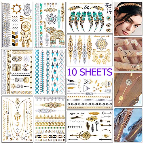 Tatuaggi temporanei metallici DaskFire 10 fogli Tatuaggi flash impermeabili Tatuaggi gioielli 100+ disegni Tatuaggi festival per adolescenti Donna Body Art 148 × 210mm Accessori per feste