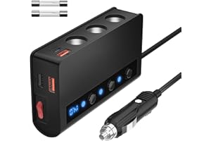 SONRU (7 in 1) Zigarettenanzünder Verteiler Auto Adapter 12V: 180W KFZ Ladegerät 3 Steckdose 24V Mehrfach Splitter DC mit LED Voltmeter Schalter 4 USB Anschlüsse 6.8A für alle Handys GPS Autokamera usw