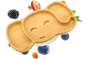 nohla ® - Ezra The Elephant - Bamboo Baby Weaning Suction Plate - 15.4 cm x 28.9cm - Spill-Proof Suction Base - Ideal from 6 Months- 100% Bamboo & FDA Silicone = Organic & BPA-Free - Grey