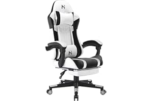 HLFURNIEU Chaise Gaming, Fauteuil Gamer Hauteur Réglable, Chaise de Gaming avec Repose-Pied Télescopique, Gaming Chair Ergonomique avec Appui-tête et Support Lombaire, Siege Gaming Blanc et Noir