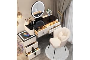 AMZSEW Dressing Table with Lighted Mirror - Vanity Desk set with Wireless Charging Station and Bluetooth Speaker,Vanity Table Set with Drawers and Stool,Bedroom Dressing Tables for Girls80cm