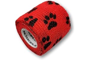‎LISACARE LisaCare Verband Hund - 4 Rollen 5cm breit - Hundepflaster für Haustiere & Pferde - kohäsiv, selbsthaftend, elastisch - Riesige Farb- & Motivauswahl (Pfote Rot)