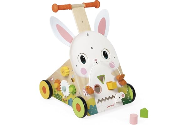 Janod - Chariot Multi-Activités Ferme - Chariot de Marche en Bois à Pousser - 9 Activités - Système Frein Breveté et Roues Silencieuses - Jouet d'Eveil pour Enfants Evolutif - Dès 12 Mois - J03326