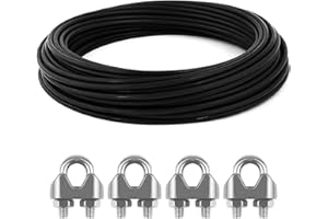 LbsAMP Cable de Alambre 15m 3 mm de Acero Inoxidable Negro Pvc Revestido Resistente al Agua Alambre Cuerda con 4 Abrazaderas de Acero Inoxidable Alambre para Marcos de Fotos