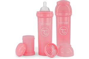 Twistshake 2 bottiglie anti-coliche per bambini con contenitore per latte in polvere e frullatore, 330 ml, in silicone a flusso rapido, senza BPA, 4 mesi, rosa