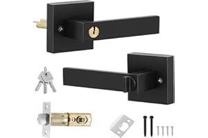 Mynoozi Manija de Perta con Cerradura y llave, Juego de Manijas de Puerta de Palanca de Cerradura, Juego de Cerradura de Puerta Exterior, 1 Par (Negro)