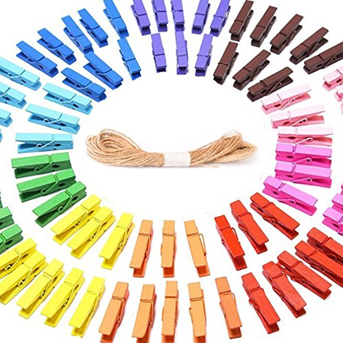Qiorange Mini mollette in legno, clip colorate, per foto, carta, 100 pezzi 50pcs Set B + Jute Schnur