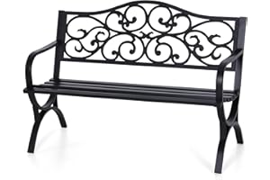PHI VILLA Garden Bench Patio Metal Frame 2-3 Seater Black Outdoor Bench with Floral Pattern Backrest for Lawn, Deck, Park