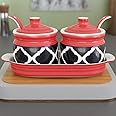 The Earth Store Ceramic Moroccan Pickle Art Multiutility Storage Jars with Lid, 2 Spoon & 1 Tray - Set of 2 | Ceramic Kitchen Container (250 ML Each)