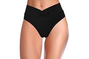 SHEKINI Bikini para mujer, color negro, cintura alta, pantalones de baño de control abdominal, bikini, braguita de color sólido, retro, traje de baño
