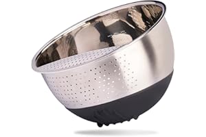 Reishunger Miska do mycia ryżu ze stali nierdzewnej (czarna) – sitko do mycia ryżu i warzyw – z antypoślizgową podstawą silikonową