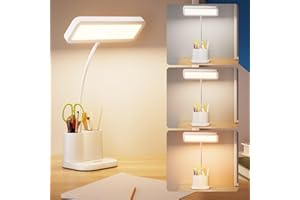 brightower Schreibtischlampe Kinder, Schwanenhals Büro LED Tischlampe, 3 Farben und 5 Helligkeitsstufen Dimmbar mit USB-Anschluss, 3000K-6500K, Leselicht für Zimmer Büro, Weiß