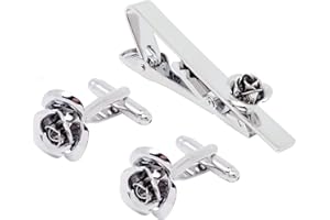 Jonwo Rose Flower Cufflinks and Tie Pin Set Regular Necktie Tie Clip Tie Bar Men Cufflinks for Wedding Business Shirt Tie