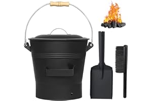 VNIERXFUL Fireplace Ash Bucket with Lid Shovel, Hand Broom and Gloves,10L Charcoal Wood Fire Pits Burning Stoves, Coal/Large Pellet Metal Buckets/Hot Wood Carrier Pail Fire Pits Ash Can Cleaning Tools