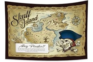 YONGFOTO 100x70cm World Map Tapestry, Treasure Map Skull Island Mountain coconut Tree Forest Ocean Sea Waves Compass Wall Hanging Tapestry for Living Room Dorm Decor Sofa Carpet Blanket