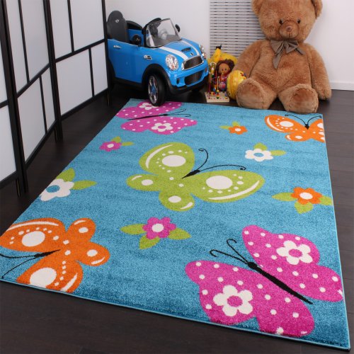 Kids Carpet Butterfly Turquoise Cream Pink Green Orange Design, Size:120x170 cm