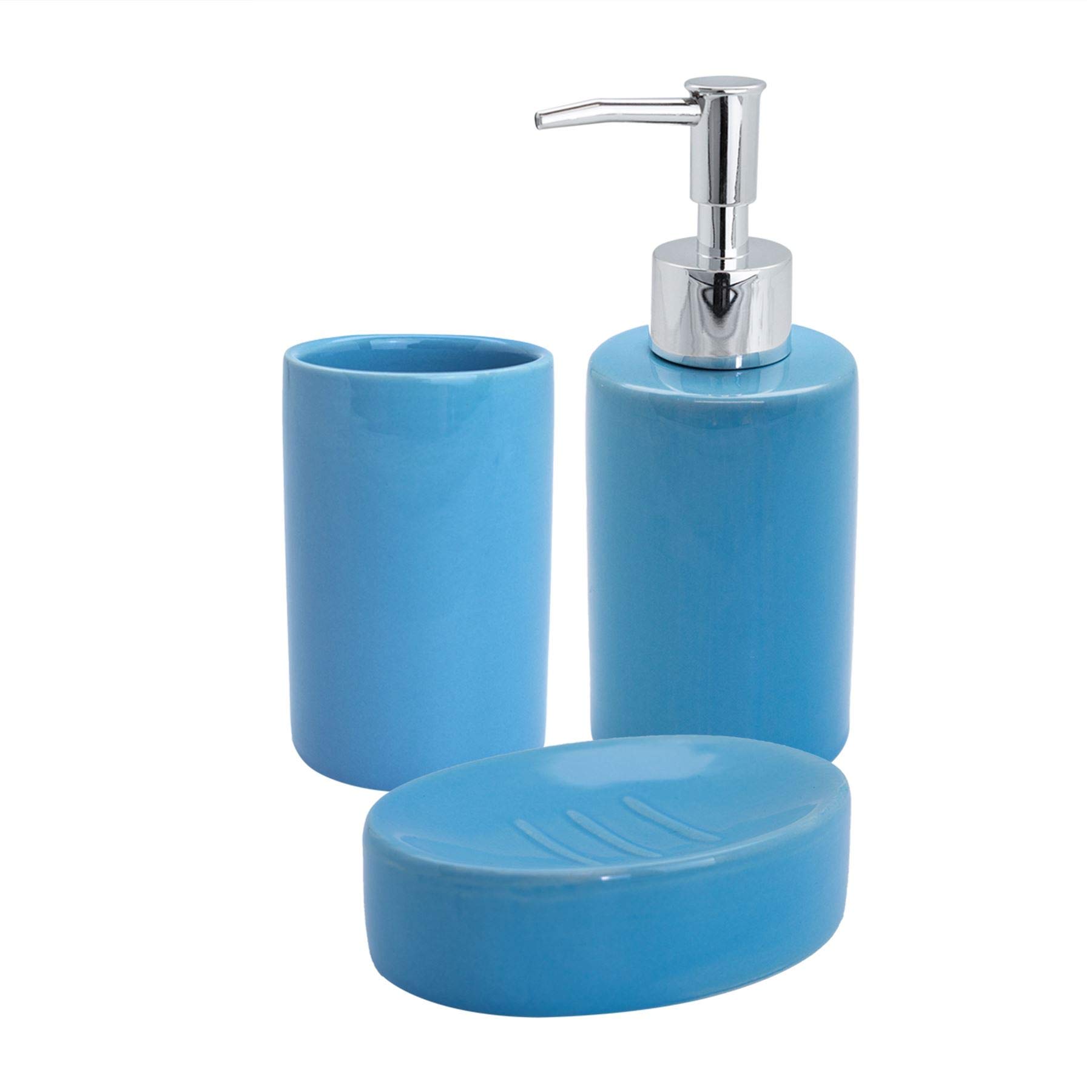 Port-Housewares-3-pices-en-cramique-Salle-de-Bains-Accessory-Set-Distributeur-de-SavonPlatTumbler-Bleu