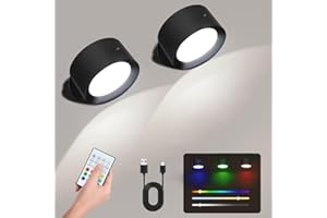 QCXWCJWD Battery Operated Wall Lamps, 2 PCS Rechargeable Wall Lights Indoor with 14 Color Modes 6 Brightness Levels, Wall Sconces 360° Free Rotation Remote&Touch Control for Bedroom Living Room Reading