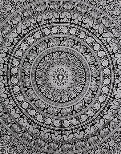 Indisch Mandala Tapetsry Wandbehang Schwarz Weiß Boho Groß Baumwolle Wandteppich White Hippie Tapisserie Elephant Von Rajrang - 2